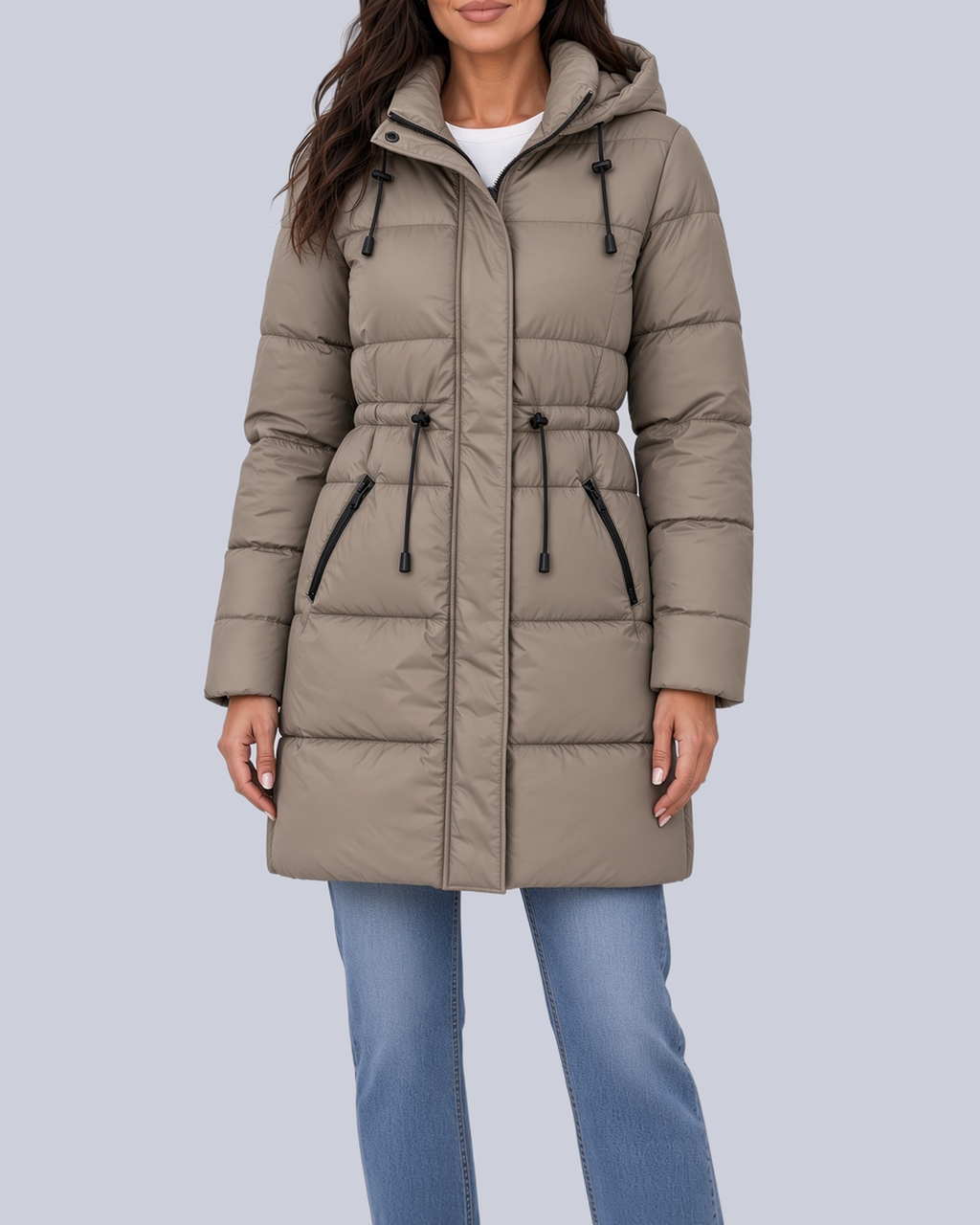 Women's Mid Length Puffer Coat with Cinched Waist and Hood in Khaki – Front View