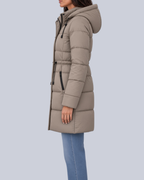 Women's Mid Length Puffer Coat with Cinched Waist and Hood in Khaki – Side View