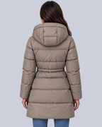 Women's Mid Length Puffer Coat with Cinched Waist and Hood in Khaki – Back View