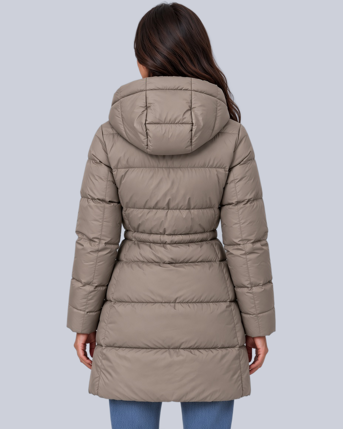 Women's Mid Length Puffer Coat with Cinched Waist and Hood in Khaki – Back View