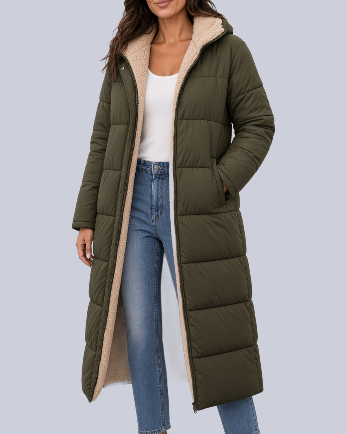 Women's Mid Calf Puffer Coat with Sherpa Trim and Zip Front in Army Green – Front View