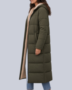 Women's Mid Calf Puffer Coat with Sherpa Trim and Zip Front in Army Green – Side View