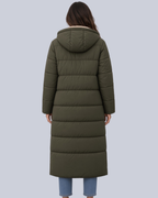 Women's Mid Calf Puffer Coat with Sherpa Trim and Zip Front in Army Green – Back View