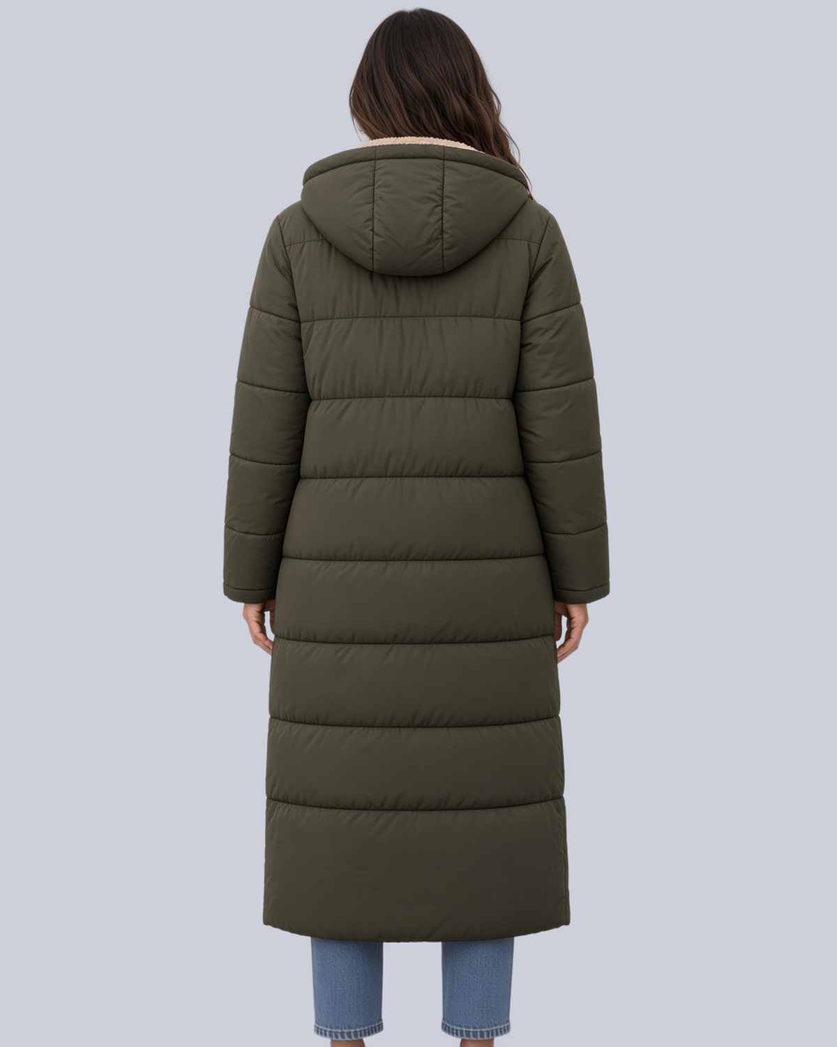 Women's Mid Calf Puffer Coat with Sherpa Trim and Zip Front in Army Green – Back View