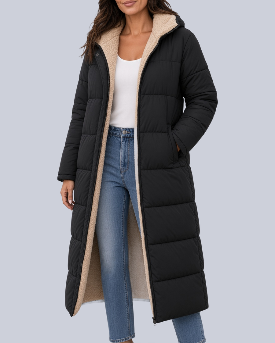 Women's Mid Calf Puffer Coat with Sherpa Trim and Zip Front