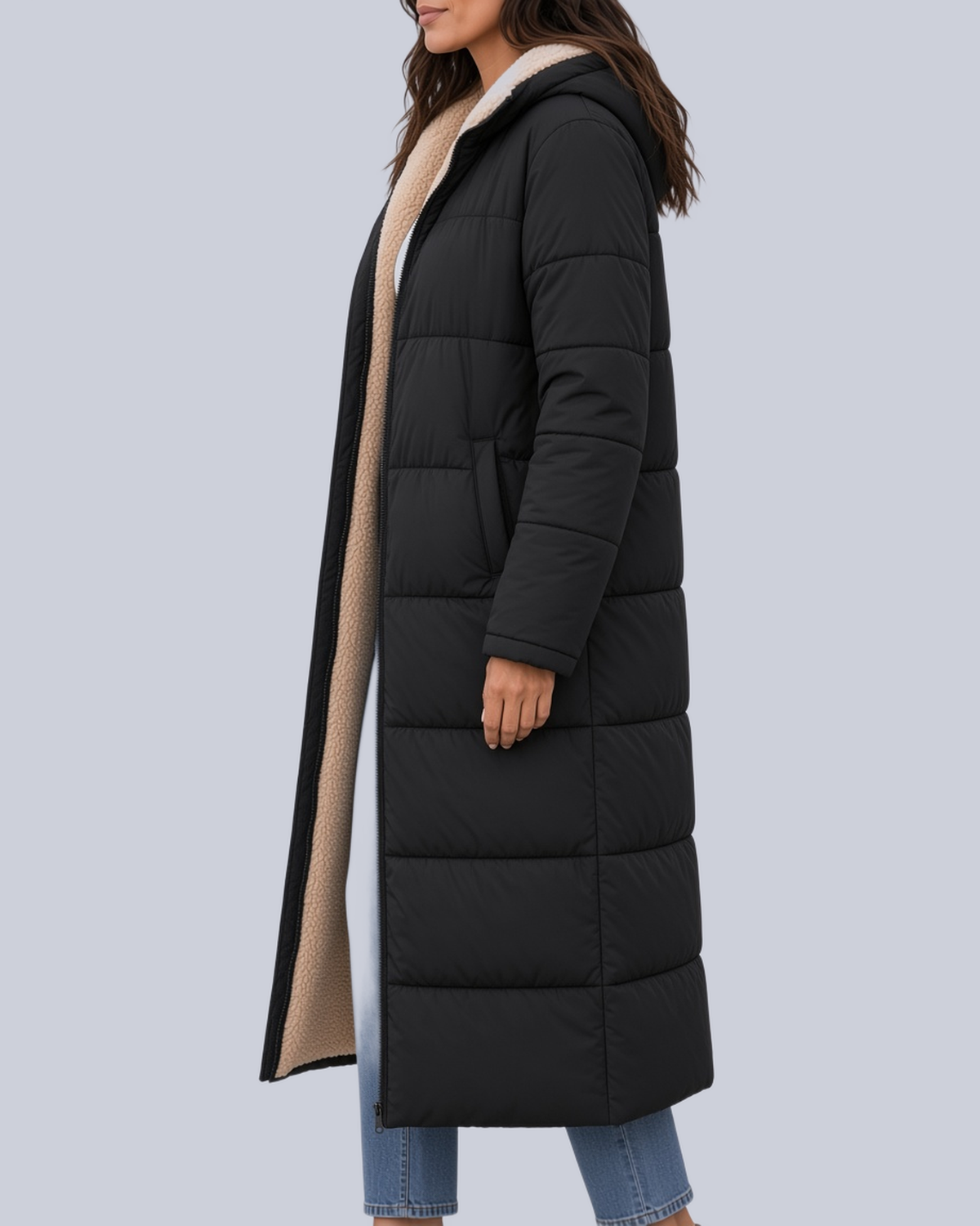 Women's Mid Calf Puffer Coat with Sherpa Trim and Zip Front in Black – Side View