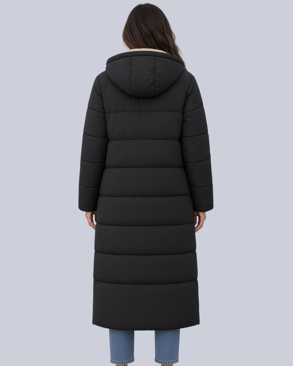 Women's Mid Calf Puffer Coat with Sherpa Trim and Zip Front in Black – Back View