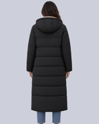 Women's Mid Calf Puffer Coat with Sherpa Trim and Zip Front in Black – Back View