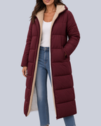 Women's Mid Calf Puffer Coat with Sherpa Trim and Zip Front in Burgundy – Front View