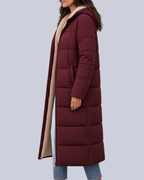 Women's Mid Calf Puffer Coat with Sherpa Trim and Zip Front in Burgundy – Side View