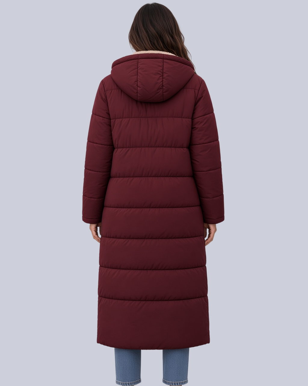 Women's Mid Calf Puffer Coat with Sherpa Trim and Zip Front in Burgundy – Back View