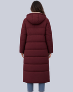 Women's Mid Calf Puffer Coat with Sherpa Trim and Zip Front in Burgundy – Back View