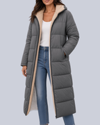 Women's Mid Calf Puffer Coat with Sherpa Trim and Zip Front in Grey – Front View