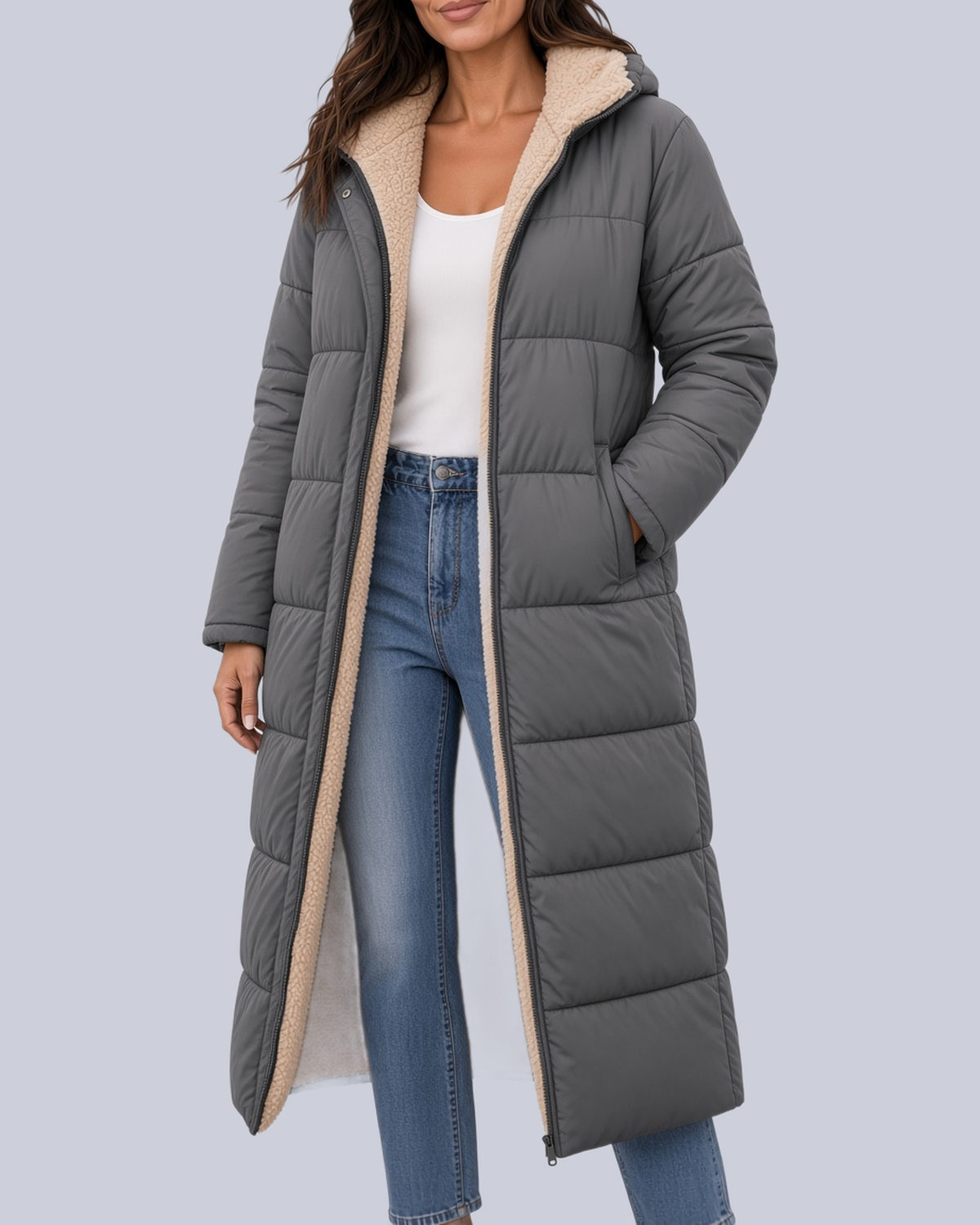 Women's Mid Calf Puffer Coat with Sherpa Trim and Zip Front in Grey – Front View