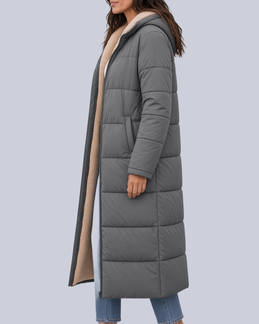 Women's Mid Calf Puffer Coat with Sherpa Trim and Zip Front in Grey – Side View