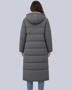 Women's Mid Calf Puffer Coat with Sherpa Trim and Zip Front in Grey – Back View
