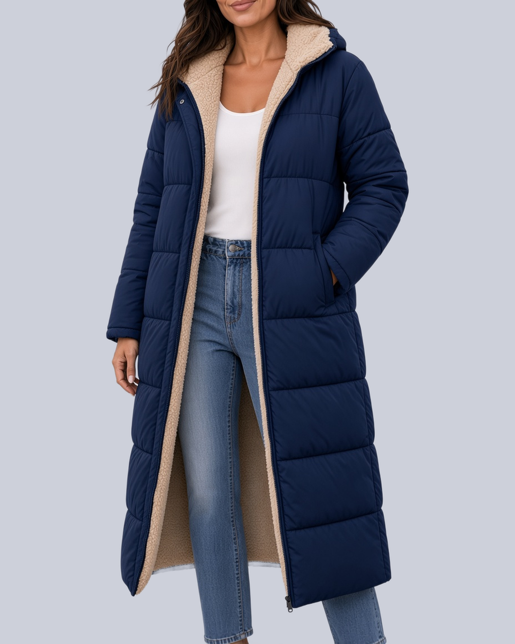 Women's Mid Calf Puffer Coat with Sherpa Trim and Zip Front in Navy – Front View