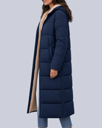 Women's Mid Calf Puffer Coat with Sherpa Trim and Zip Front in Navy – Side View