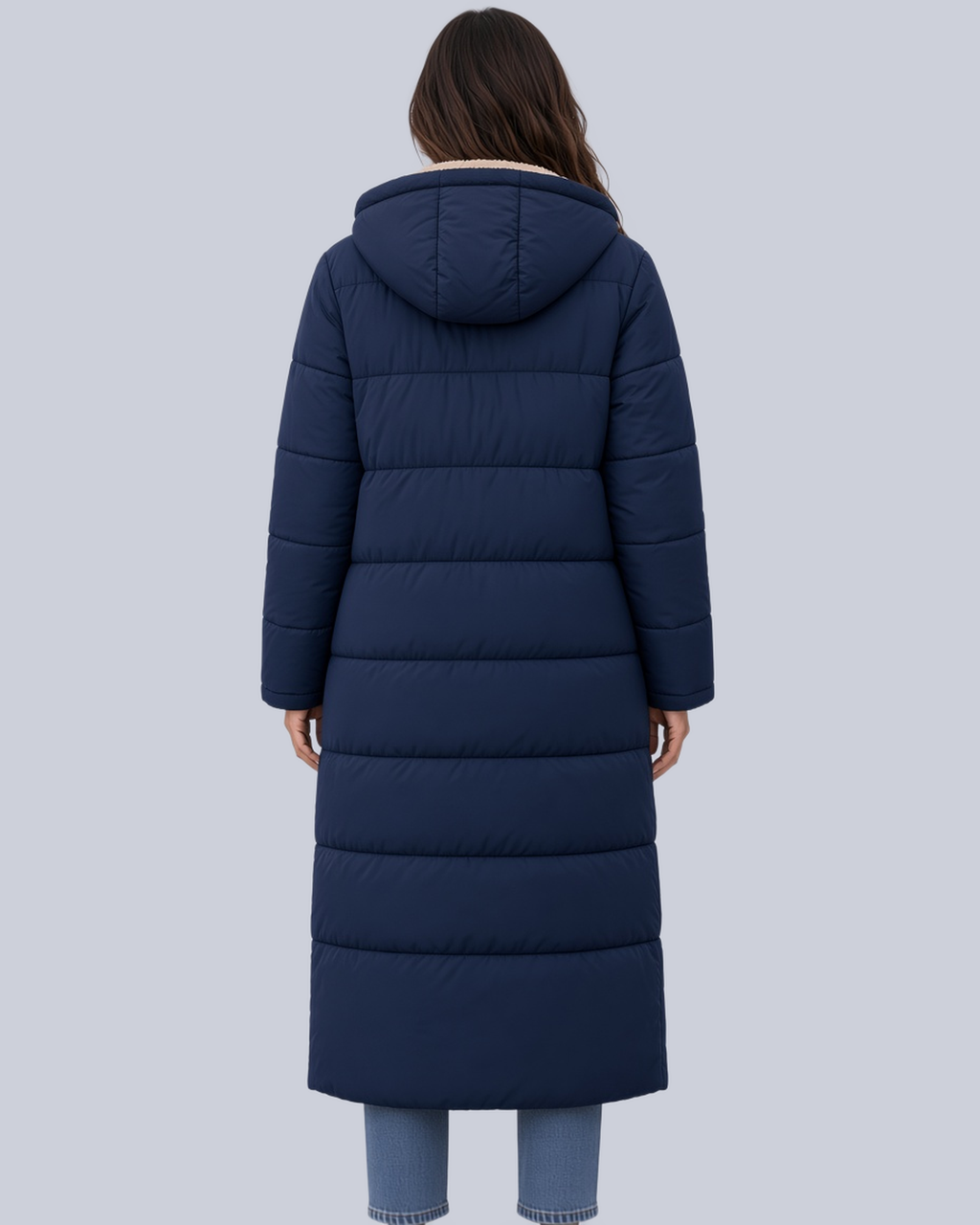 Women's Mid Calf Puffer Coat with Sherpa Trim and Zip Front in Navy – Back View