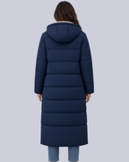Women's Mid Calf Puffer Coat with Sherpa Trim and Zip Front in Navy – Back View