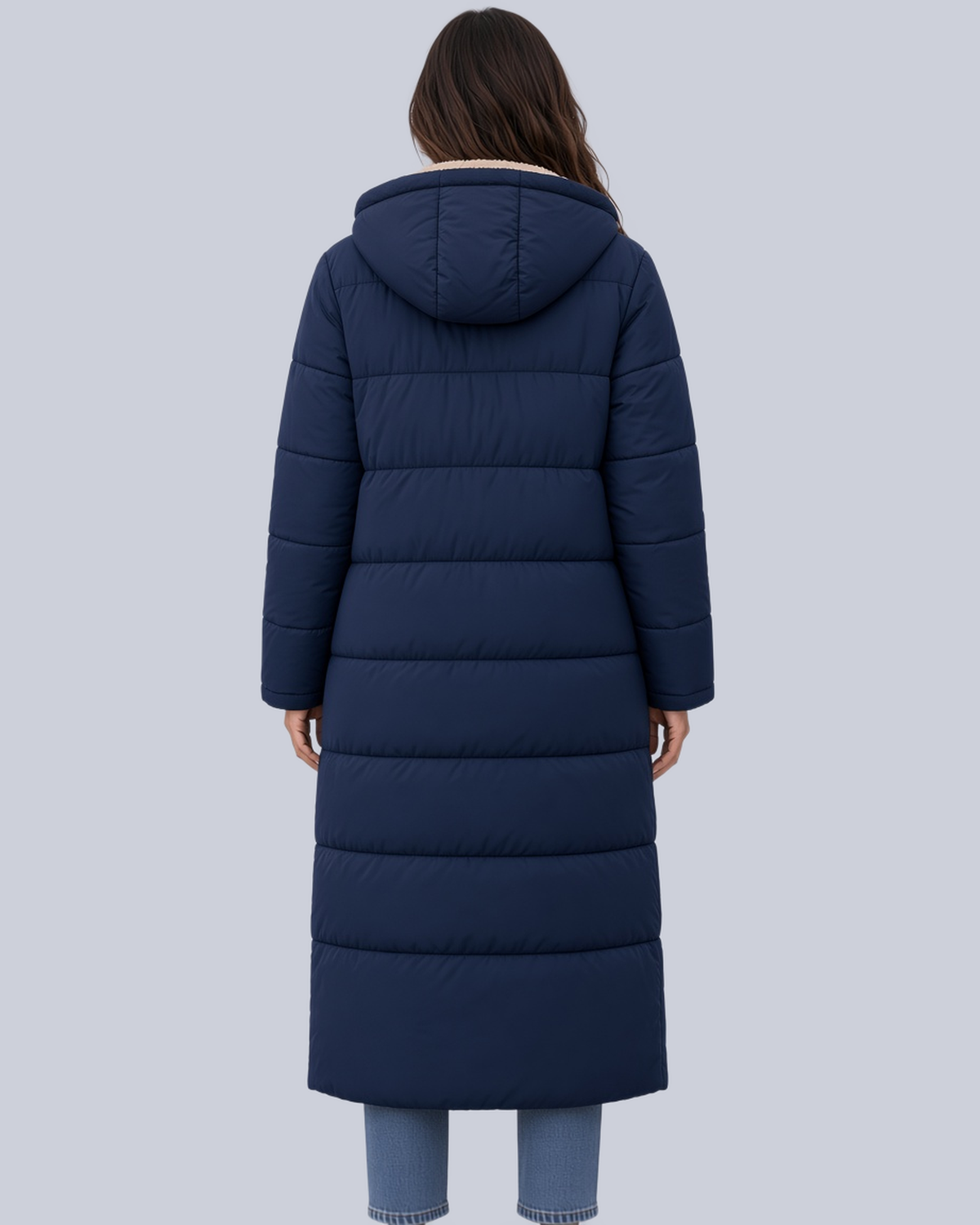 Women's Mid Calf Puffer Coat with Sherpa Trim and Zip Front in Navy – Back View