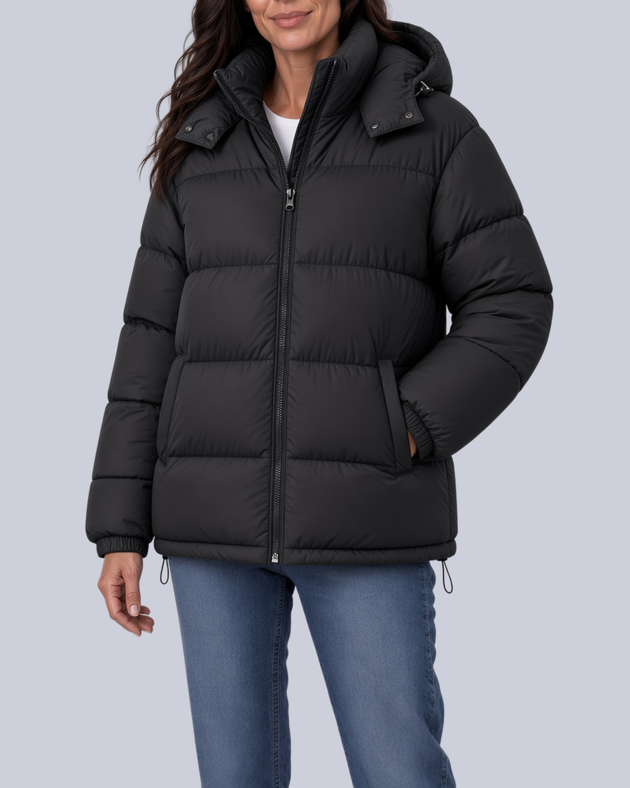 Women's Matte Bubble Puffer Jacket with Hood and Toggle Hem