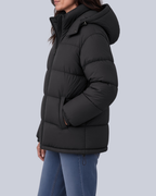 Women's Matte Bubble Puffer Jacket with Hood and Toggle Hem in Black – Side View