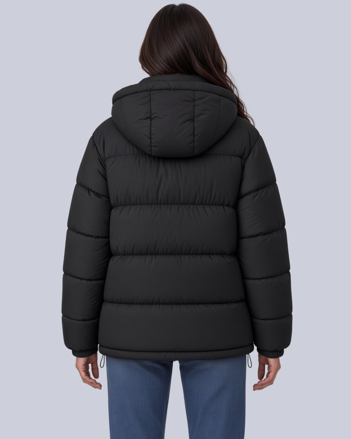 Women's Matte Bubble Puffer Jacket with Hood and Toggle Hem in Black – Back View