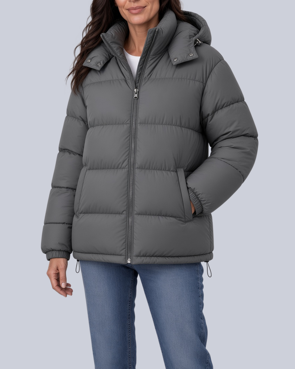 Women's Matte Bubble Puffer Jacket with Hood and Toggle Hem in Grey – Front View