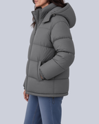 Women's Matte Bubble Puffer Jacket with Hood and Toggle Hem in Grey – Side View
