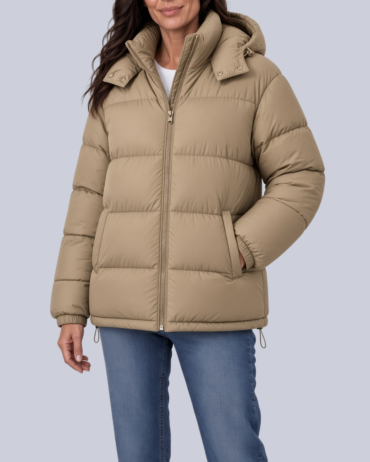 Women's Matte Bubble Puffer Jacket with Hood and Toggle Hem in Khaki – Front View