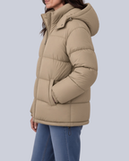 Women's Matte Bubble Puffer Jacket with Hood and Toggle Hem in Khaki – Side View