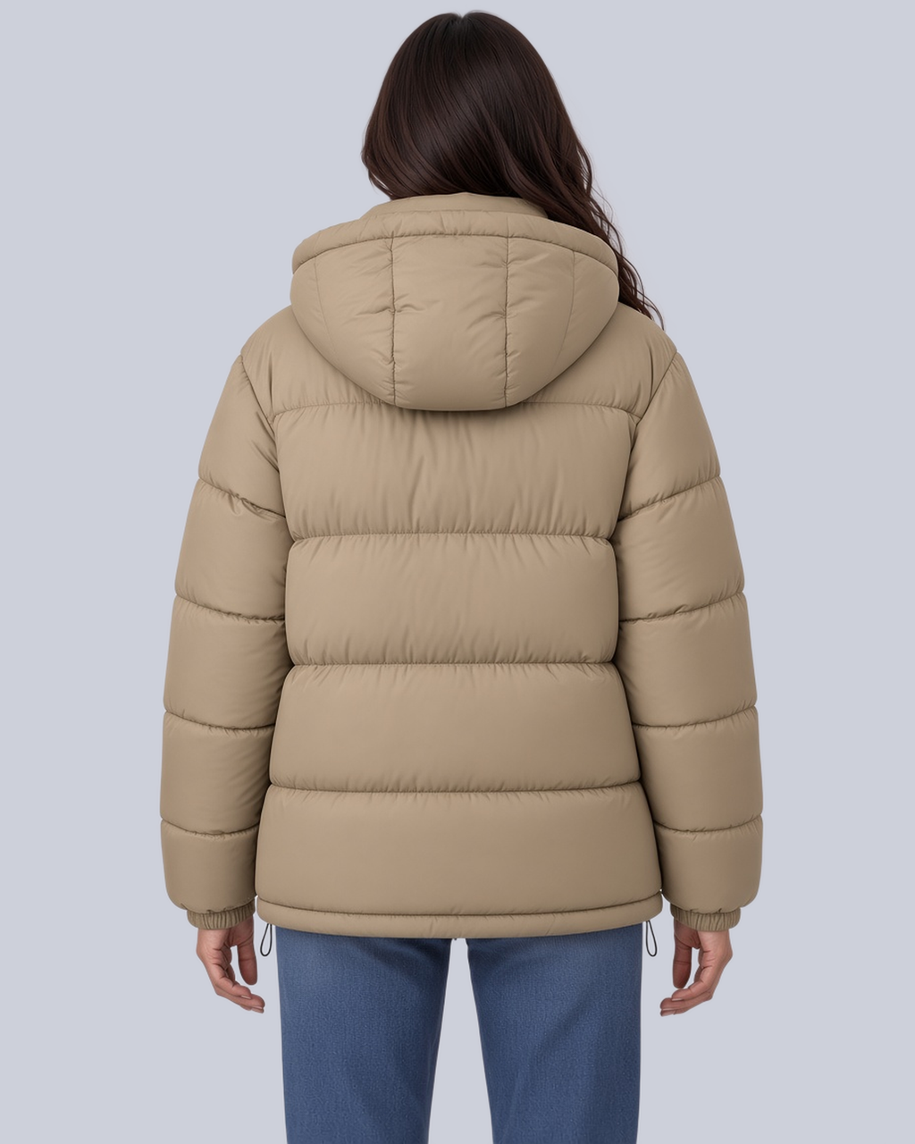 Women's Matte Bubble Puffer Jacket with Hood and Toggle Hem in Khaki – Back View
