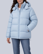 Women's Matte Bubble Puffer Jacket with Hood and Toggle Hem in Light Blue – Front View