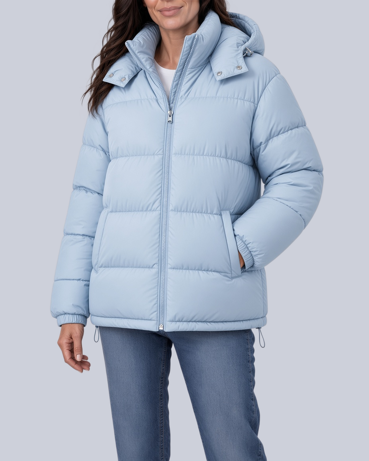 Women's Matte Bubble Puffer Jacket with Hood and Toggle Hem in Light Blue – Front View