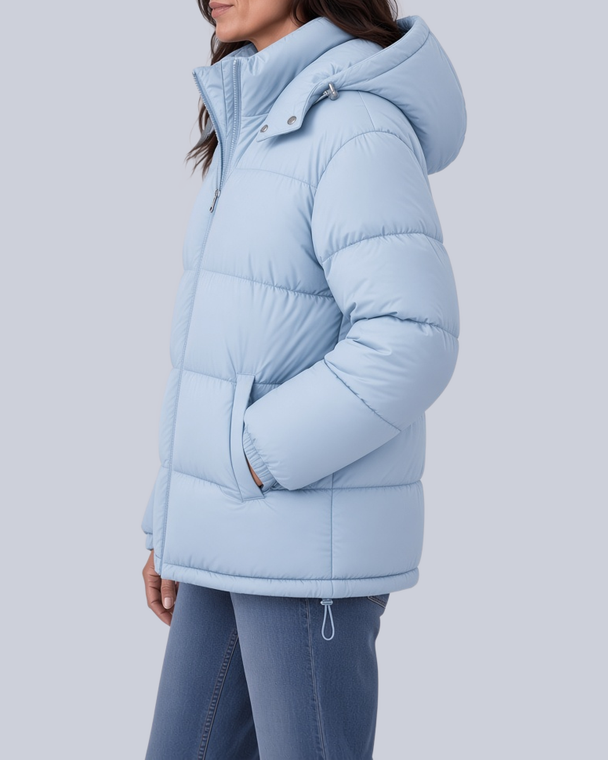 Women's Matte Bubble Puffer Jacket with Hood and Toggle Hem in Light Blue – Side View