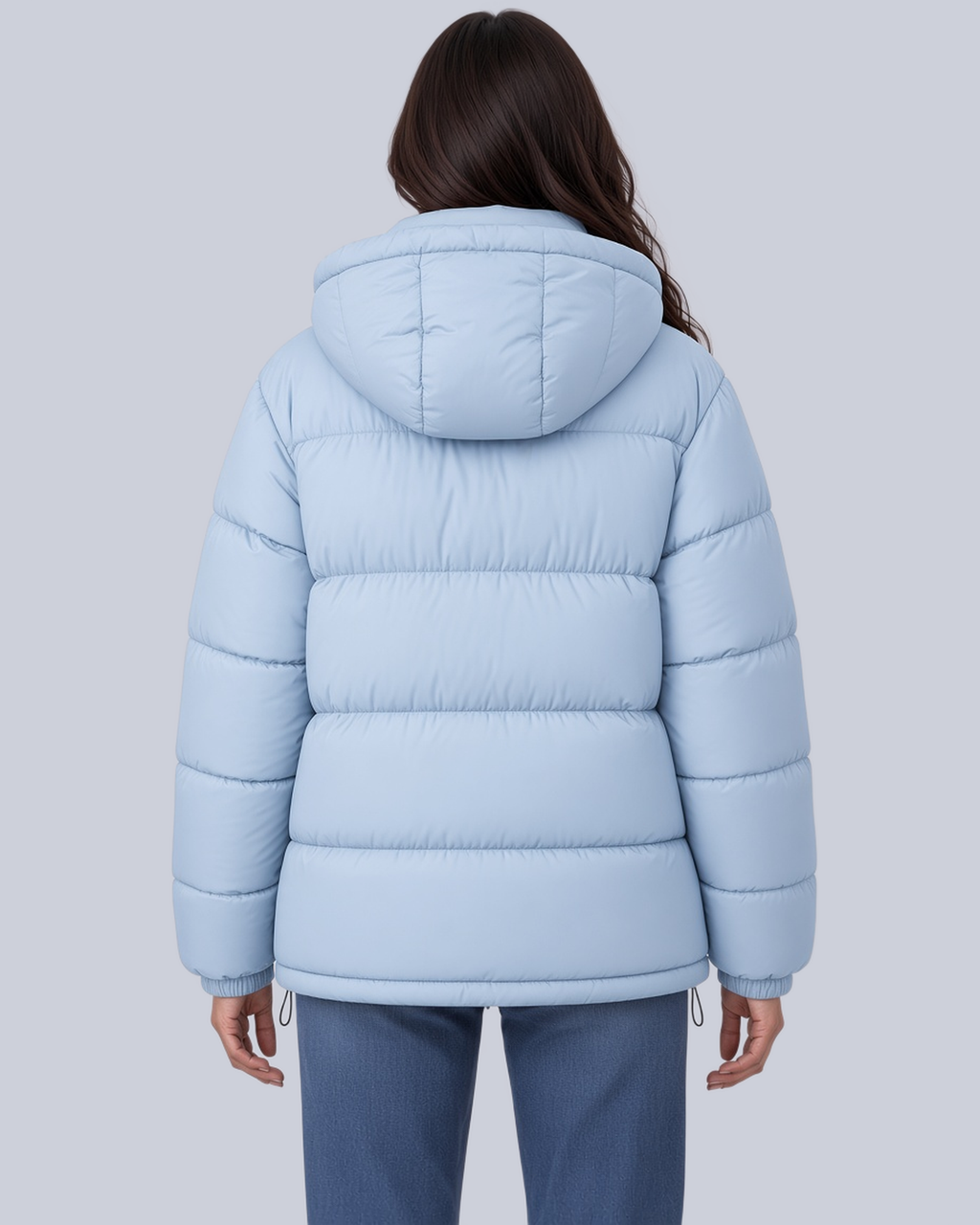 Women's Matte Bubble Puffer Jacket with Hood and Toggle Hem in Light Blue – Back View