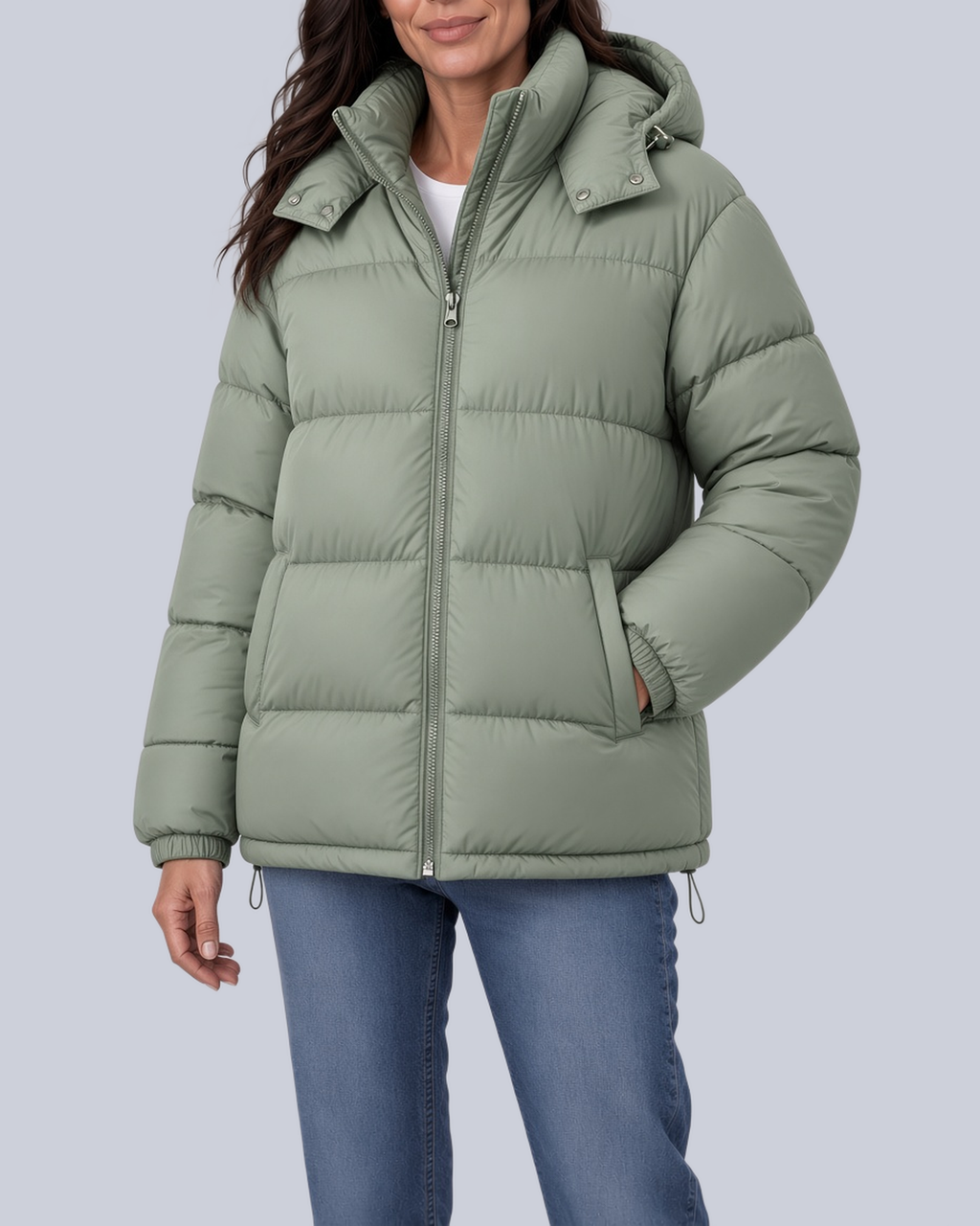 Women's Matte Bubble Puffer Jacket with Hood and Toggle Hem in Light Green – Front View