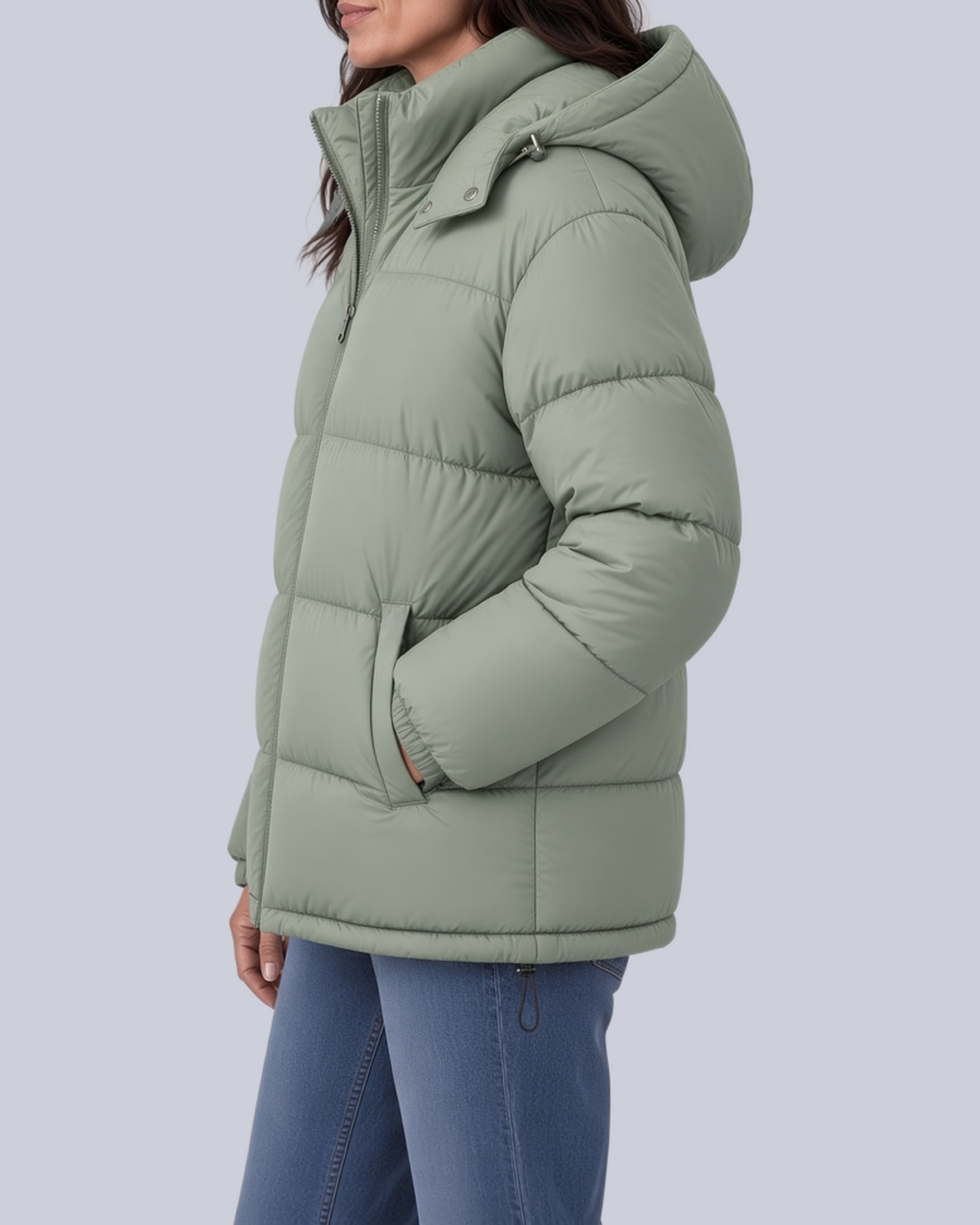 Women's Matte Bubble Puffer Jacket with Hood and Toggle Hem in Light Green – Side View