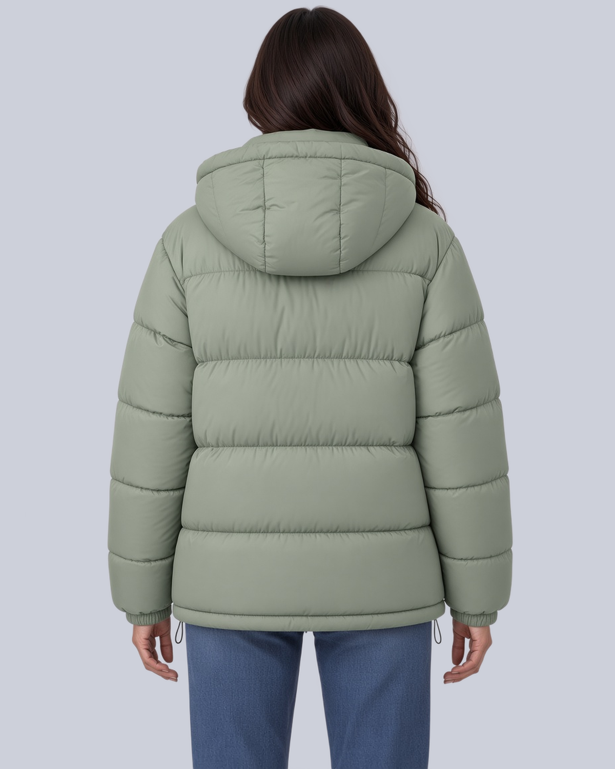Women's Matte Bubble Puffer Jacket with Hood and Toggle Hem in Light Green – Back View