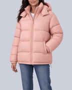 Women's Matte Bubble Puffer Jacket with Hood and Toggle Hem in Pink – Front View