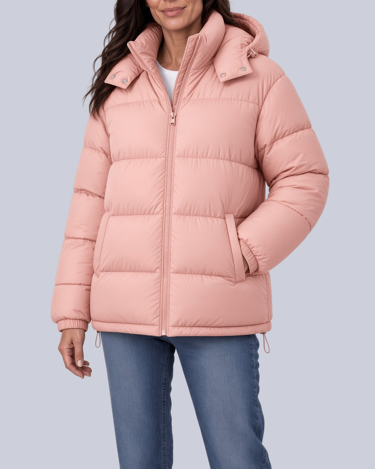 Women's Matte Bubble Puffer Jacket with Hood and Toggle Hem in Pink – Front View