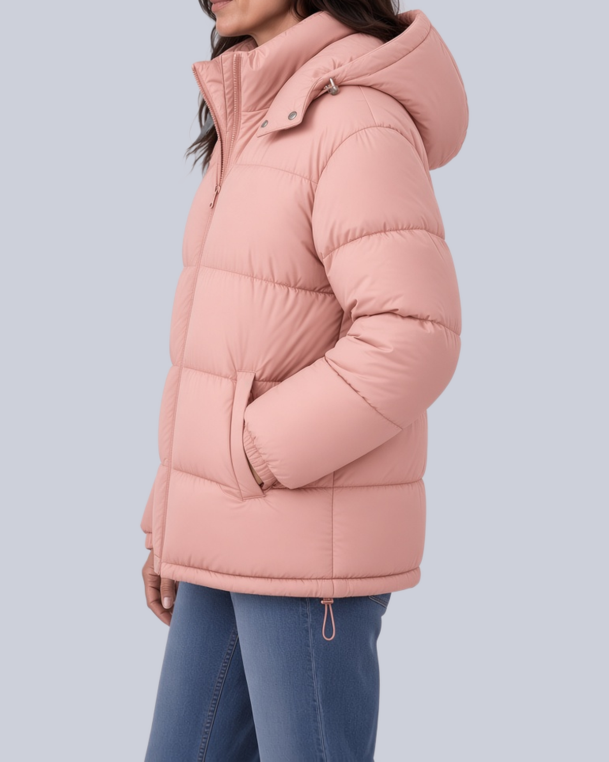 Women's Matte Bubble Puffer Jacket with Hood and Toggle Hem in Pink – Side View