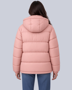 Women's Matte Bubble Puffer Jacket with Hood and Toggle Hem in Pink – Back View