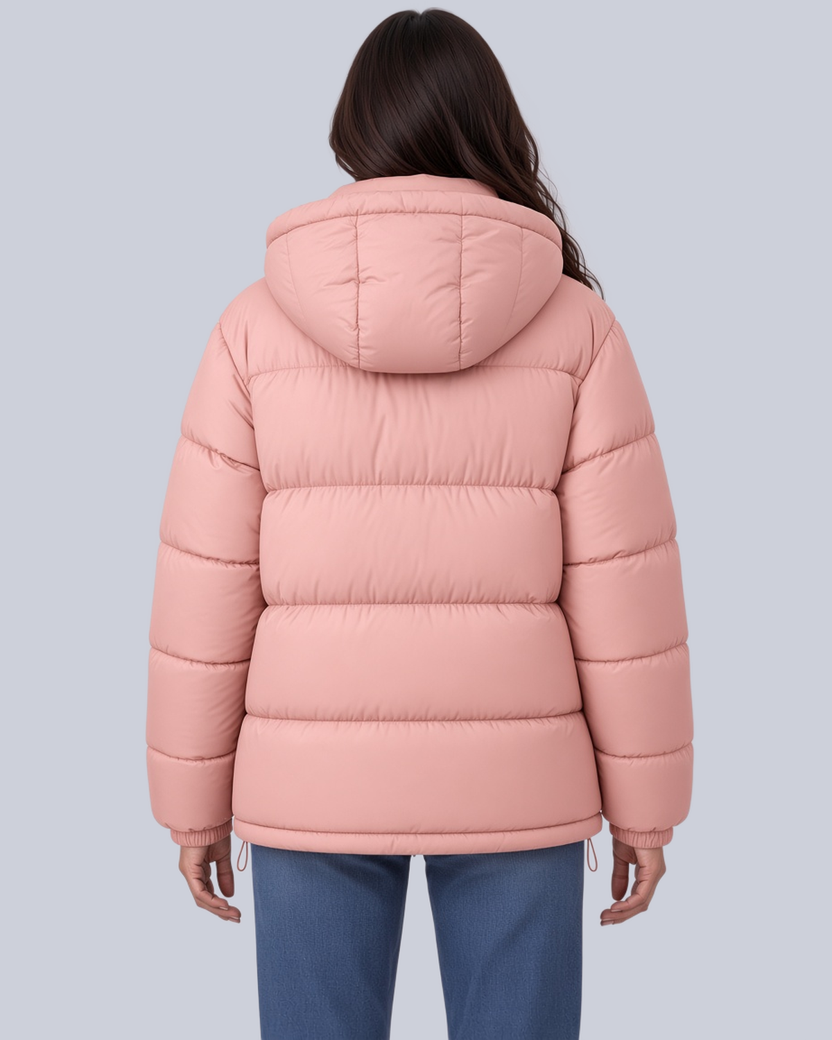 Women's Matte Bubble Puffer Jacket with Hood and Toggle Hem in Pink – Back View