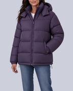 Women's Matte Bubble Puffer Jacket with Hood and Toggle Hem in Purple – Front View