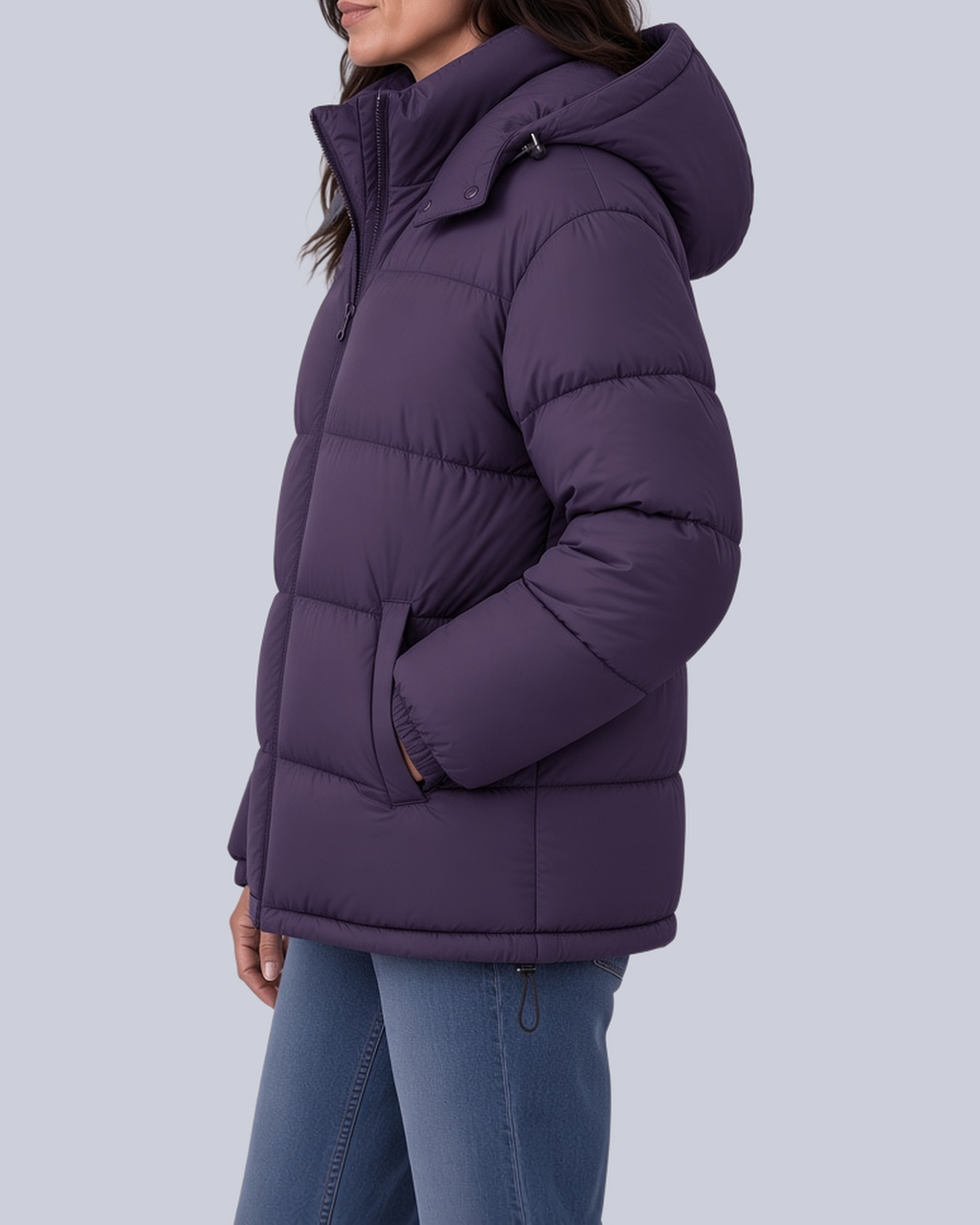 Women's Matte Bubble Puffer Jacket with Hood and Toggle Hem in Purple – Side View