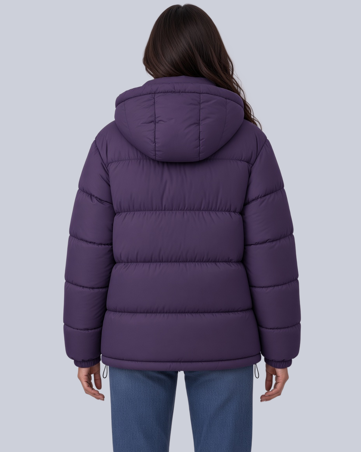 Women's Matte Bubble Puffer Jacket with Hood and Toggle Hem in Purple – Back View