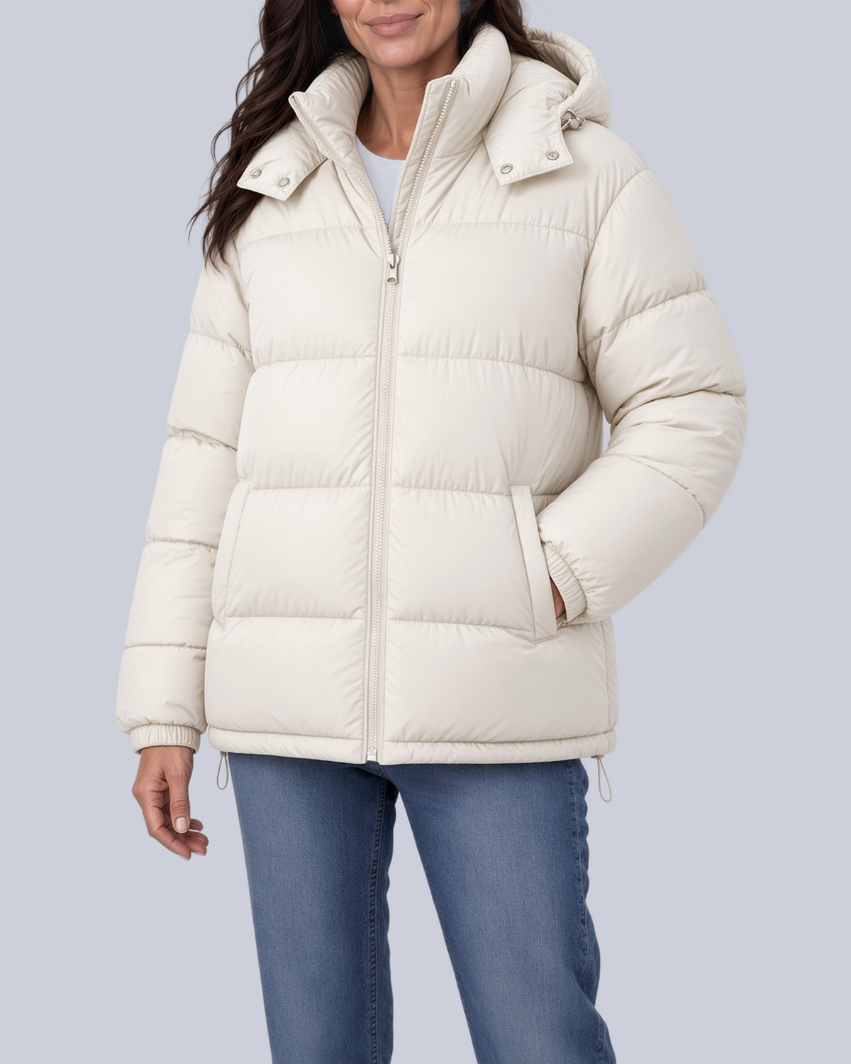 Women's Matte Bubble Puffer Jacket with Hood and Toggle Hem in White – Front View