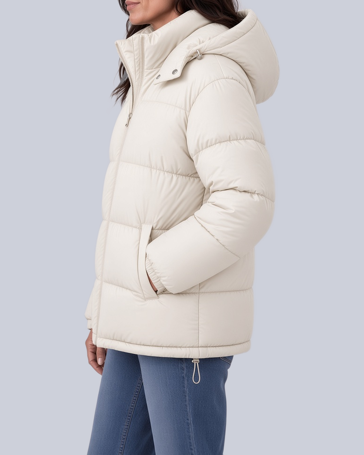 Women's Matte Bubble Puffer Jacket with Hood and Toggle Hem in White – Side View
